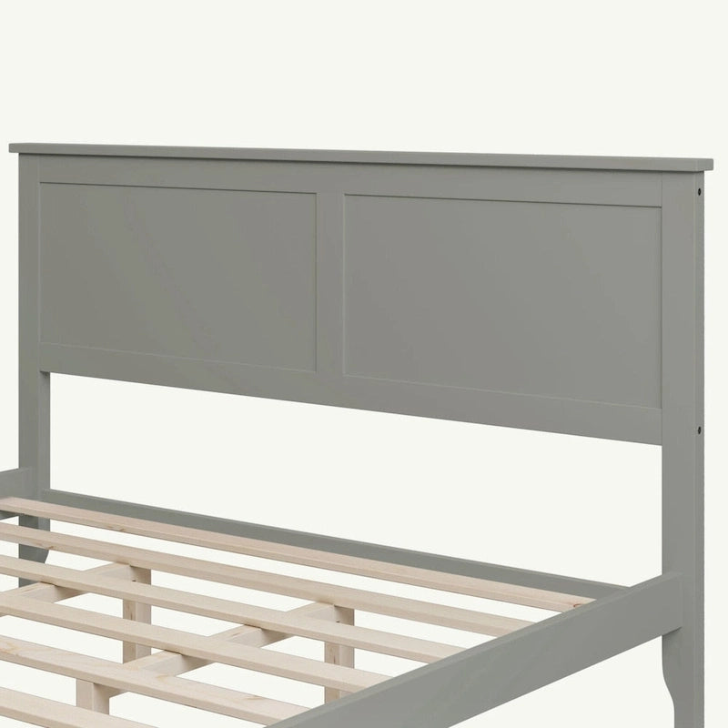 Lit Plateforme Queen, Tête de Lit à Lattes, Pin Massif et MDF, Pieds Coniques, Finition Résistante à l'Usure, Blanc / Gris, Pour 2 Personnes