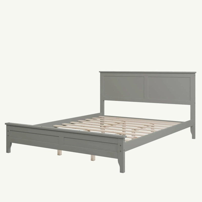 Lit Plateforme Queen, Tête de Lit à Lattes, Pin Massif et MDF, Pieds Coniques, Finition Résistante à l'Usure, Blanc / Gris, Pour 2 Personnes