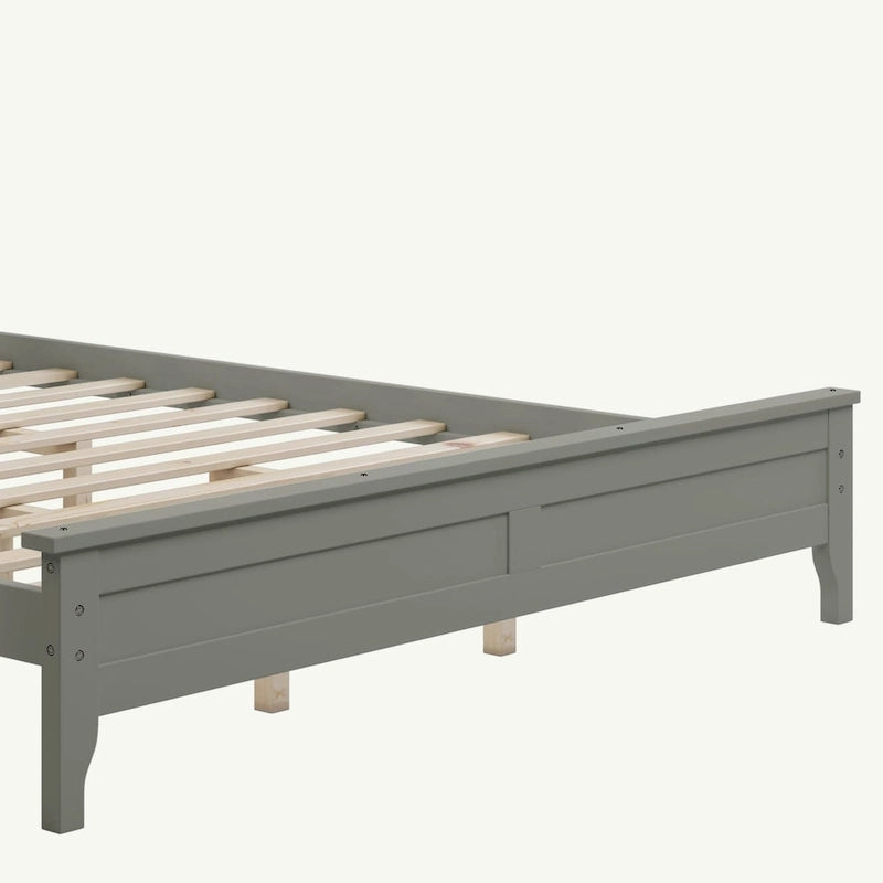 Lit Plateforme Queen, Tête de Lit à Lattes, Pin Massif et MDF, Pieds Coniques, Finition Résistante à l'Usure, Blanc / Gris, Pour 2 Personnes