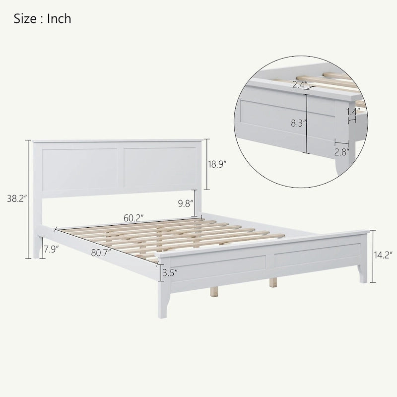 Lit Plateforme Queen, Tête de Lit à Lattes, Pin Massif et MDF, Pieds Coniques, Finition Résistante à l'Usure, Blanc / Gris, Pour 2 Personnes