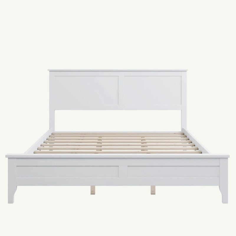Lit Plateforme Queen, Tête de Lit à Lattes, Pin Massif et MDF, Pieds Coniques, Finition Résistante à l'Usure, Blanc / Gris, Pour 2 Personnes