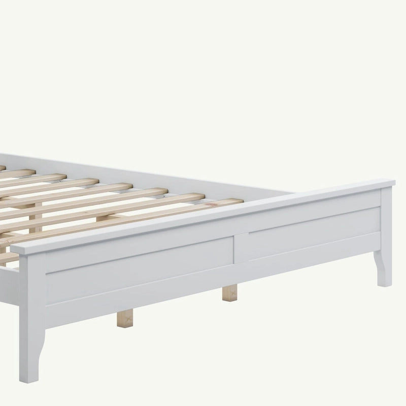 Lit Plateforme Queen, Tête de Lit à Lattes, Pin Massif et MDF, Pieds Coniques, Finition Résistante à l'Usure, Blanc / Gris, Pour 2 Personnes