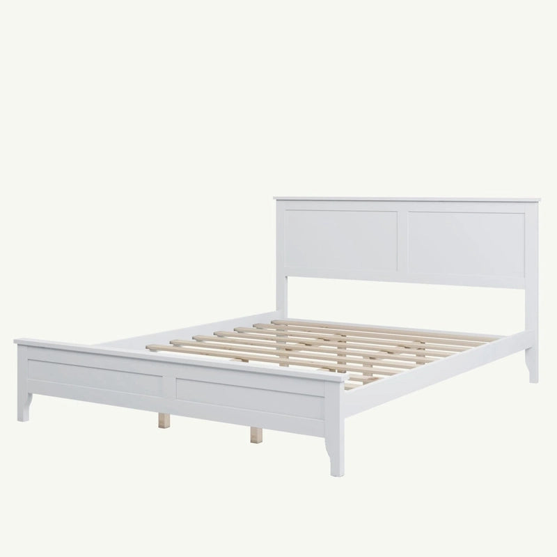 Lit Plateforme Queen, Tête de Lit à Lattes, Pin Massif et MDF, Pieds Coniques, Finition Résistante à l'Usure, Blanc / Gris, Pour 2 Personnes