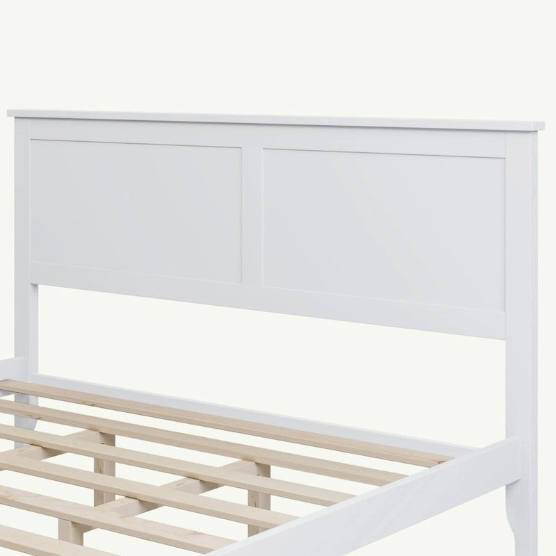 Lit Plateforme Queen, Tête de Lit à Lattes, Pin Massif et MDF, Pieds Coniques, Finition Résistante à l'Usure, Blanc / Gris, Pour 2 Personnes