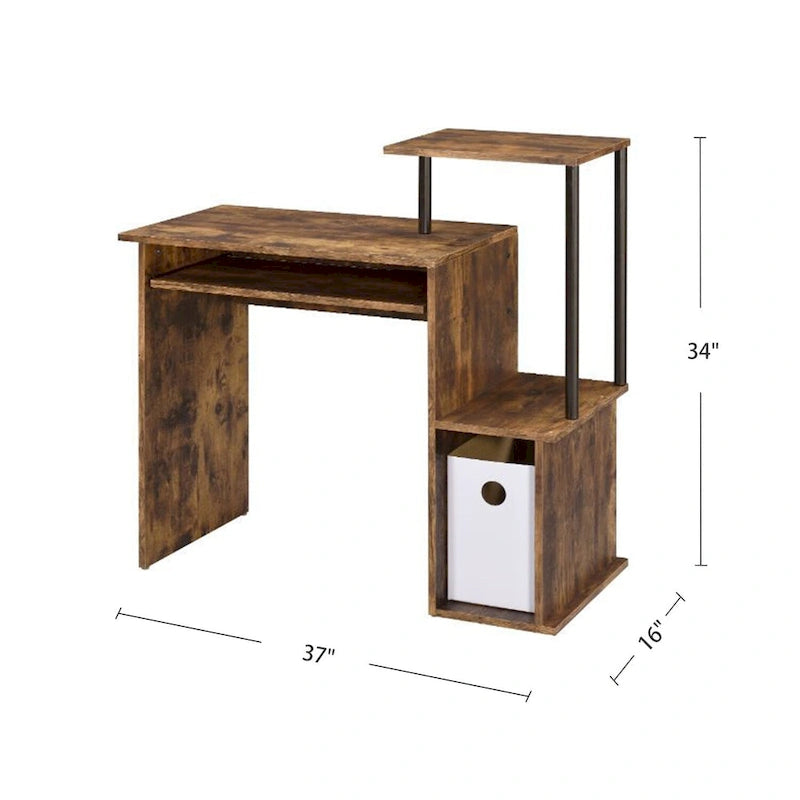 Bureau d'ordinateur, tablette coulissante pour clavier, étagère de bureau, 2 compartiments de rangement ouverts, bois, chêne vieilli et noir / blanc antique et noir / noir, 1 personne