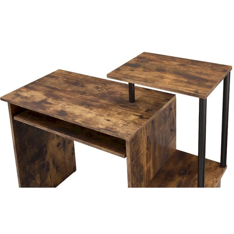Bureau d'ordinateur, tablette coulissante pour clavier, étagère de bureau, 2 compartiments de rangement ouverts, bois, chêne vieilli et noir / blanc antique et noir / noir, 1 personne