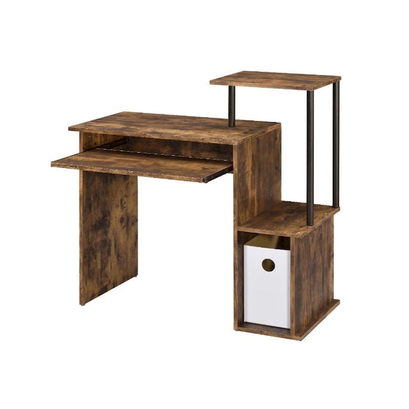 Bureau d'ordinateur, tablette coulissante pour clavier, étagère de bureau, 2 compartiments de rangement ouverts, bois, chêne vieilli et noir / blanc antique et noir / noir, 1 personne