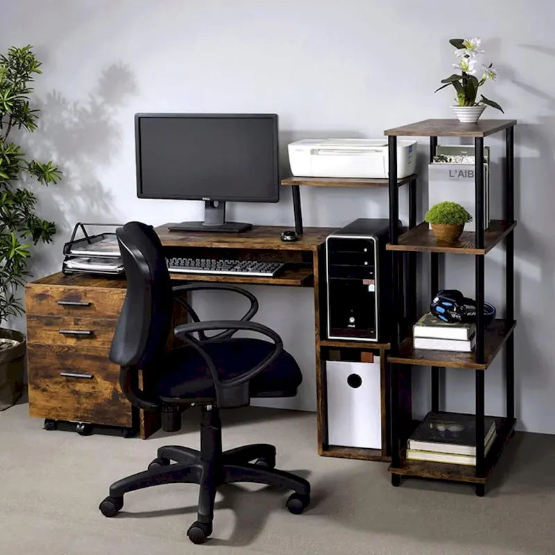 Bureau d'ordinateur, tablette coulissante pour clavier, étagère de bureau, 2 compartiments de rangement ouverts, bois, chêne vieilli et noir / blanc antique et noir / noir, 1 personne