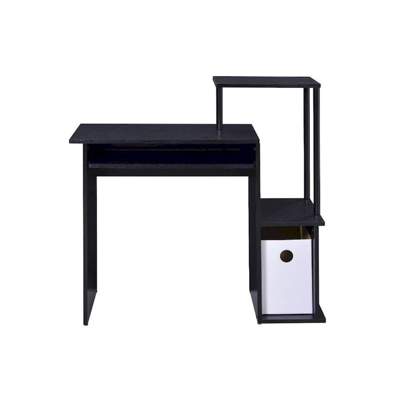 Bureau d'ordinateur, tablette coulissante pour clavier, étagère de bureau, 2 compartiments de rangement ouverts, bois, chêne vieilli et noir / blanc antique et noir / noir, 1 personne