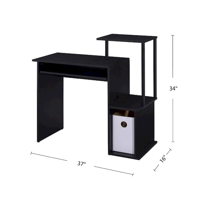 Bureau d'ordinateur, tablette coulissante pour clavier, étagère de bureau, 2 compartiments de rangement ouverts, bois, chêne vieilli et noir / blanc antique et noir / noir, 1 personne