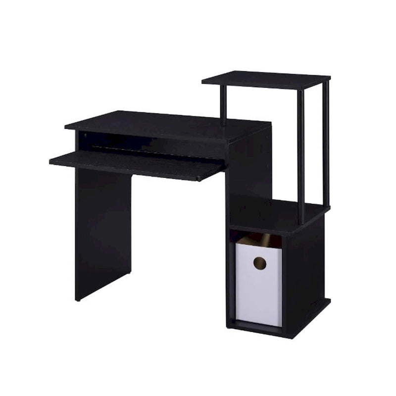 Bureau d'ordinateur, tablette coulissante pour clavier, étagère de bureau, 2 compartiments de rangement ouverts, bois, chêne vieilli et noir / blanc antique et noir / noir, 1 personne