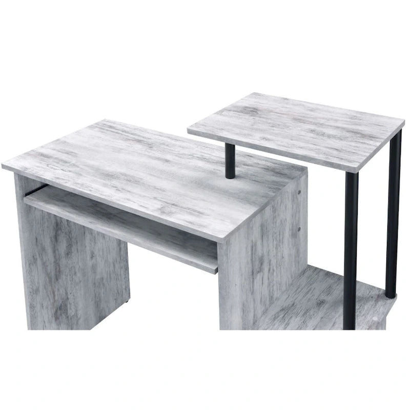 Bureau d'ordinateur, tablette coulissante pour clavier, étagère de bureau, 2 compartiments de rangement ouverts, bois, chêne vieilli et noir / blanc antique et noir / noir, 1 personne