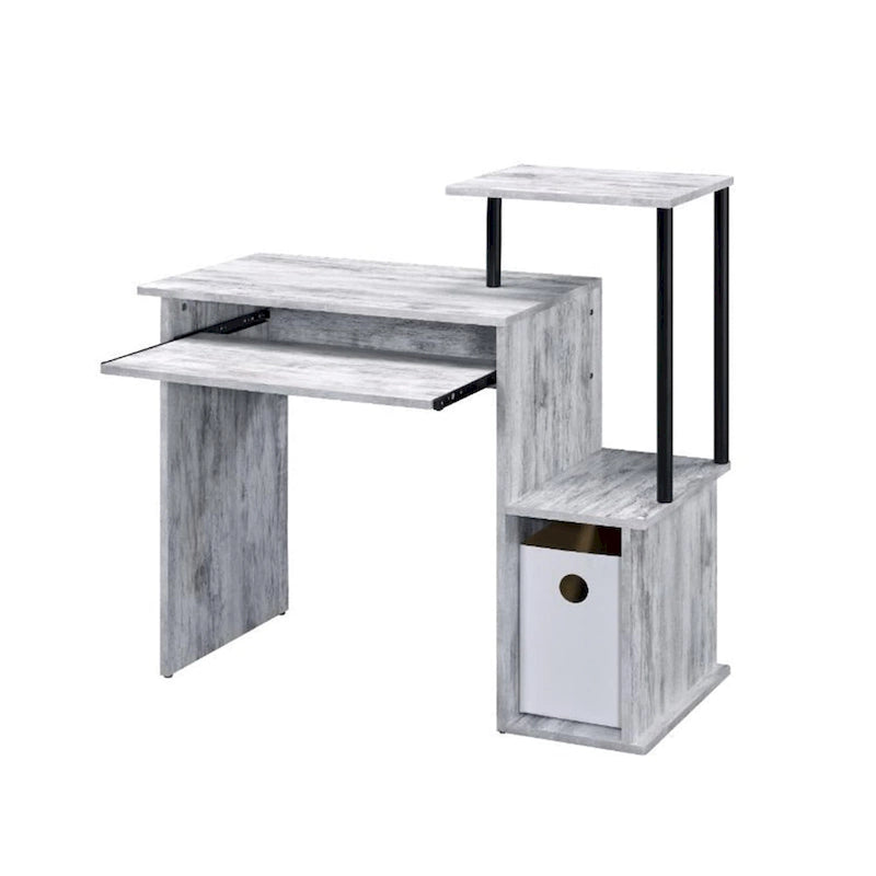Bureau d'ordinateur, tablette coulissante pour clavier, étagère de bureau, 2 compartiments de rangement ouverts, bois, chêne vieilli et noir / blanc antique et noir / noir, 1 personne