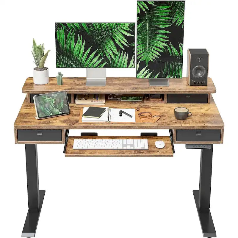 Bureau debout électrique, support d'écran, 4 tiroirs, tablette clavier, marron / noir / transparent / crème, pour 1 personne