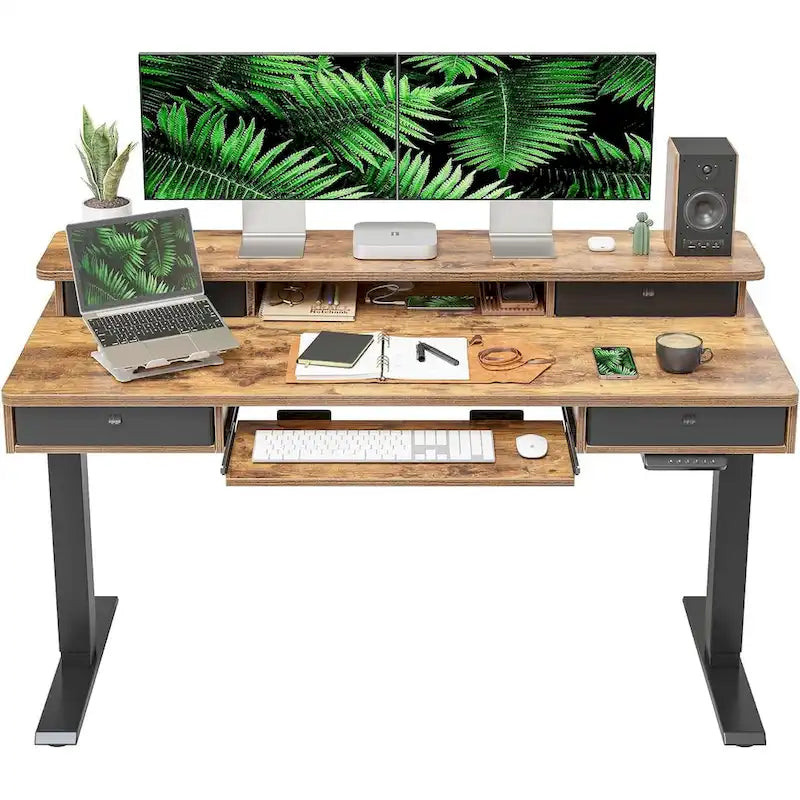 Bureau debout électrique, support d'écran, 4 tiroirs, tablette clavier, marron / noir / transparent / crème, pour 1 personne