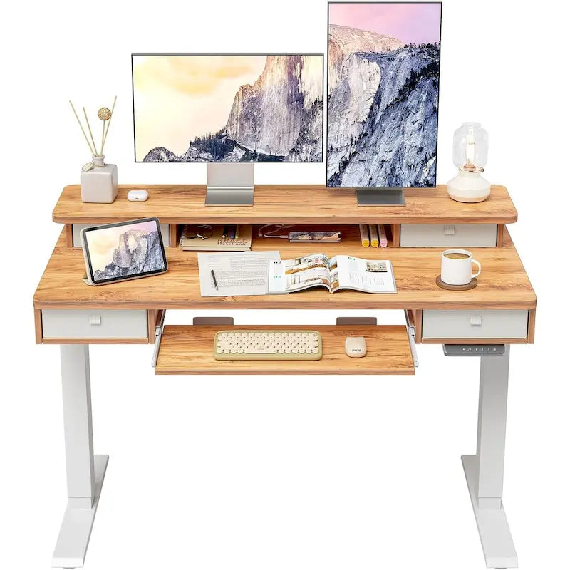 Bureau debout électrique, support d'écran, 4 tiroirs, tablette clavier, marron / noir / transparent / crème, pour 1 personne