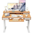 Bureau debout électrique, support d'écran, 4 tiroirs, tablette clavier, marron / noir / transparent / crème, pour 1 personne