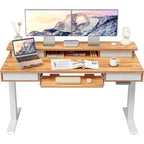 Bureau debout électrique, support d'écran, 4 tiroirs, tablette clavier, marron / noir / transparent / crème, pour 1 personne