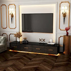 Console TV murale flottante, 3 tiroirs, finition brillante, noire, pour 1 personne