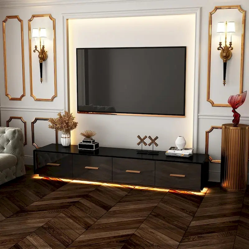Console TV murale flottante, 3 tiroirs, finition brillante, noire, pour 1 personne