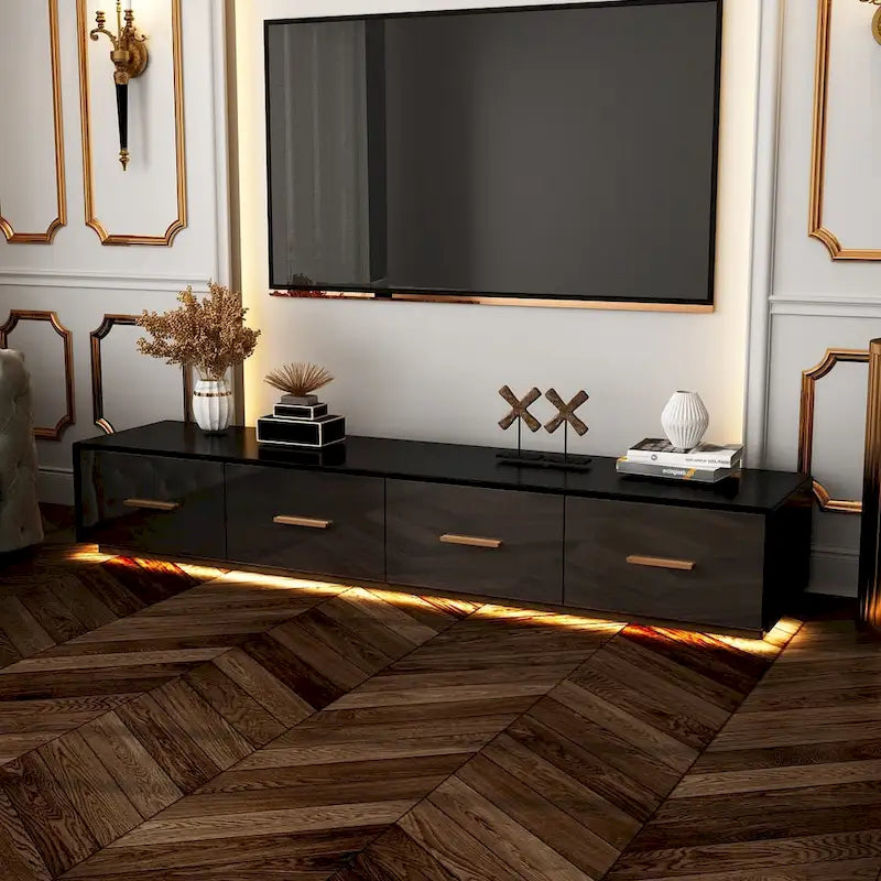 Console TV murale flottante, 3 tiroirs, finition brillante, noire, pour 1 personne