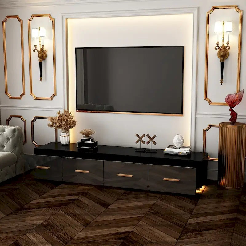 Console TV murale flottante, 3 tiroirs, finition brillante, noire, pour 1 personne