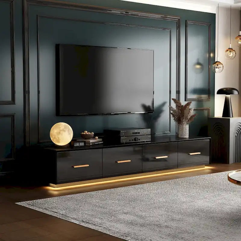 Console TV murale flottante, 3 tiroirs, finition brillante, noire, pour 1 personne