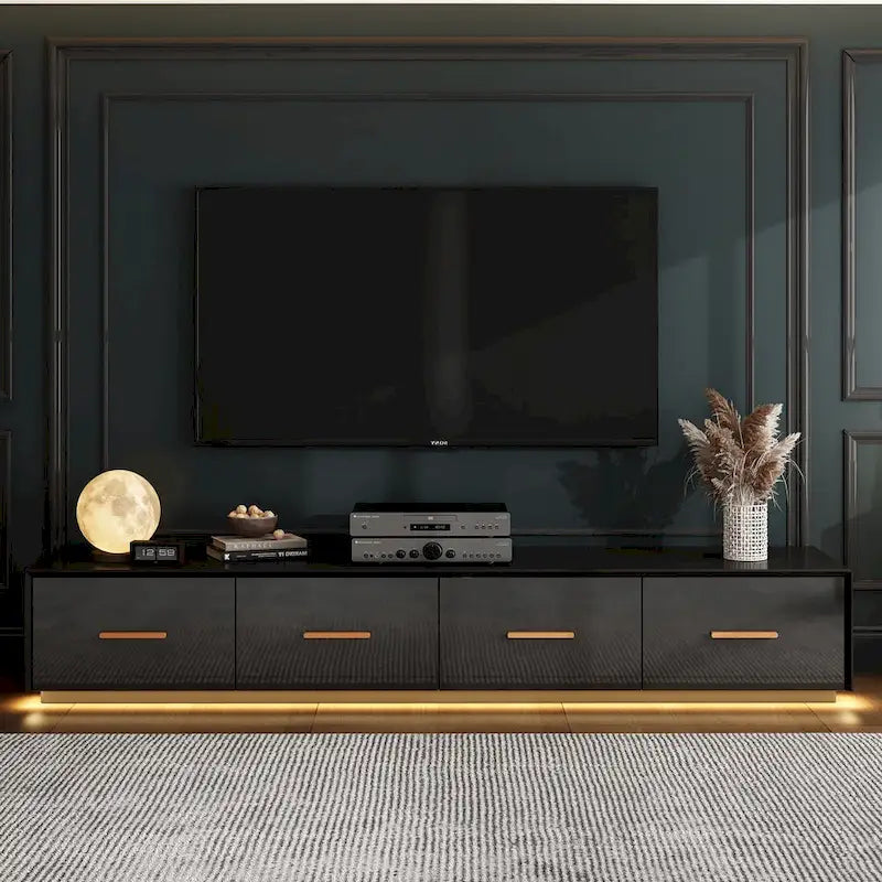 Console TV murale flottante, 3 tiroirs, finition brillante, noire, pour 1 personne