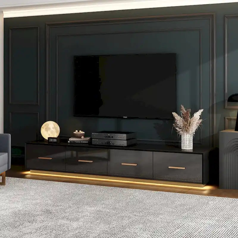 Console TV murale flottante, 3 tiroirs, finition brillante, noire, pour 1 personne