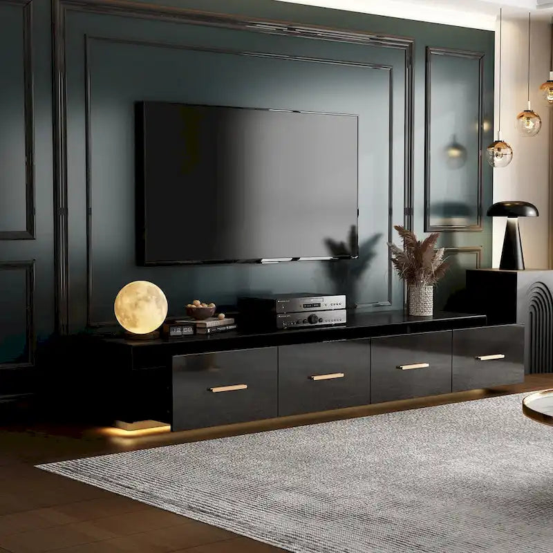 Console TV murale flottante, 3 tiroirs, finition brillante, noire, pour 1 personne