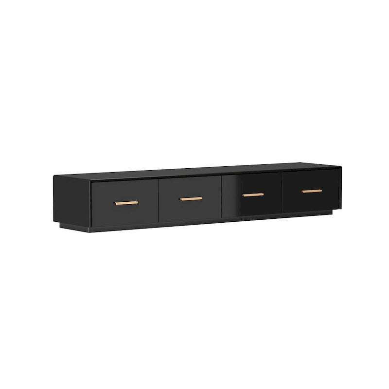 Console TV murale flottante, 3 tiroirs, finition brillante, noire, pour 1 personne
