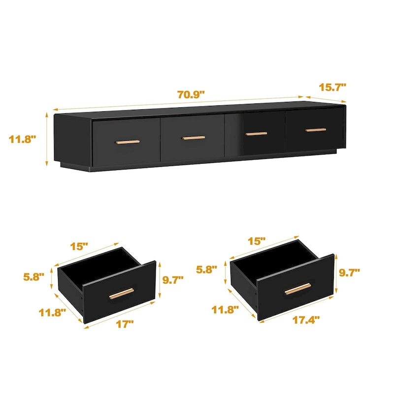 Console TV murale flottante, 3 tiroirs, finition brillante, noire, pour 1 personne