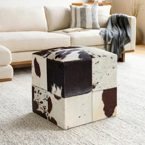 Pouf cube ottoman de 45 cm, revêtement cuir et peau de vache, dessus rembourré, côtés rigides, marron / chevrons / vache / pixels / blocs / damiers / losanges / rayures, usage 1 personne