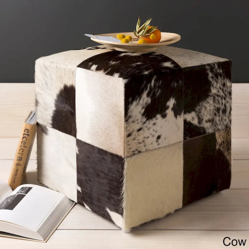 Pouf cube ottoman de 45 cm, revêtement cuir et peau de vache, dessus rembourré, côtés rigides, marron / chevrons / vache / pixels / blocs / damiers / losanges / rayures, usage 1 personne