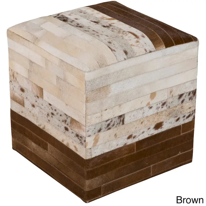 Pouf cube ottoman de 45 cm, revêtement cuir et peau de vache, dessus rembourré, côtés rigides, marron / chevrons / vache / pixels / blocs / damiers / losanges / rayures, usage 1 personne