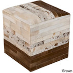 Pouf cube ottoman de 45 cm, revêtement cuir et peau de vache, dessus rembourré, côtés rigides, marron / chevrons / vache / pixels / blocs / damiers / losanges / rayures, usage 1 personne