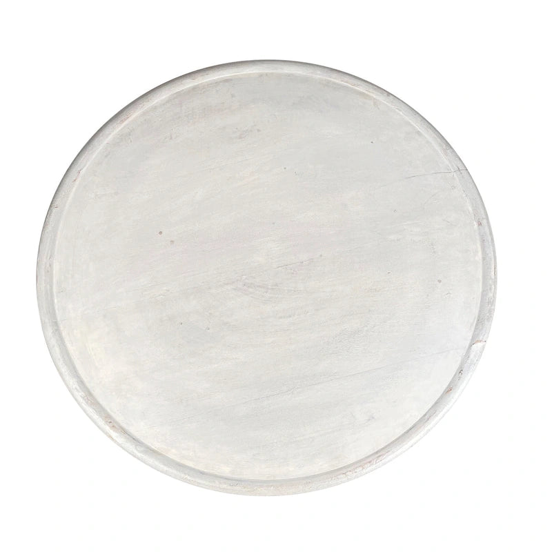 Table basse ronde, manguier, cadre découpé en treillis diamant, sculpture vieillie, blanc délavé, pour 1 personne