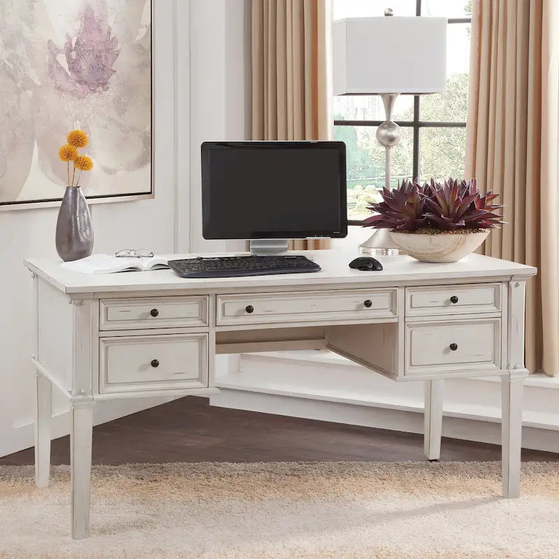 Bureau de 152 cm, style vintage, 4 tiroirs, tiroir classeur, 2 ports USB et prises, bois d'hévéa et placage de manguier, cerisier cannelle / blanc antique, 1 personne