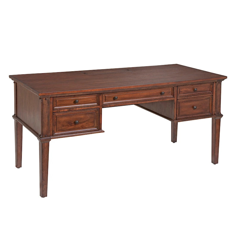 Bureau de 152 cm, style vintage, 4 tiroirs, tiroir classeur, 2 ports USB et prises, bois d'hévéa et placage de manguier, cerisier cannelle / blanc antique, 1 personne