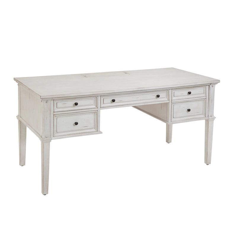 Bureau de 152 cm, style vintage, 4 tiroirs, tiroir classeur, 2 ports USB et prises, bois d'hévéa et placage de manguier, cerisier cannelle / blanc antique, 1 personne