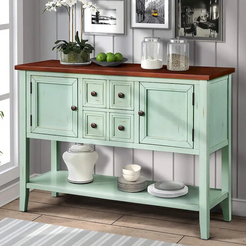 Console, 4 tiroirs, 2 placards, étagère inférieure, pieds fuselés, pin et MDF, bleu rétro / marine / blanc / expresso / gris, 1 personne
