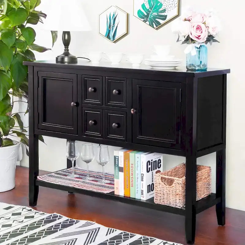 Console, 4 tiroirs, 2 placards, étagère inférieure, pieds fuselés, pin et MDF, bleu rétro / marine / blanc / expresso / gris, 1 personne