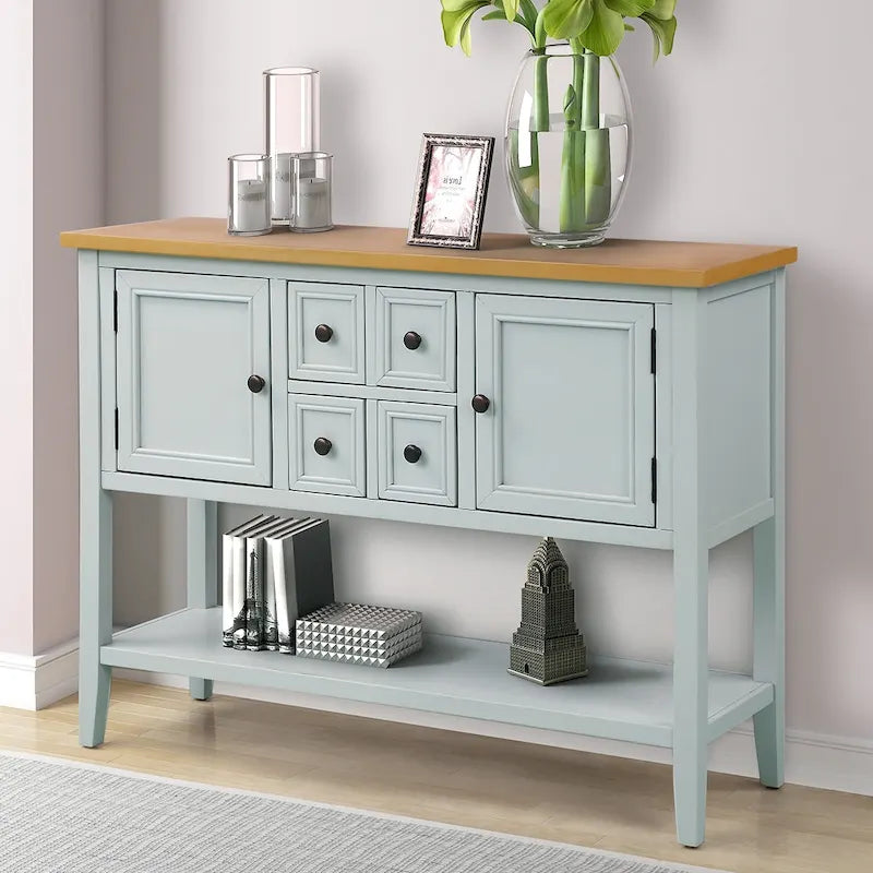 Console, 4 tiroirs, 2 placards, étagère inférieure, pieds fuselés, pin et MDF, bleu rétro / marine / blanc / expresso / gris, 1 personne