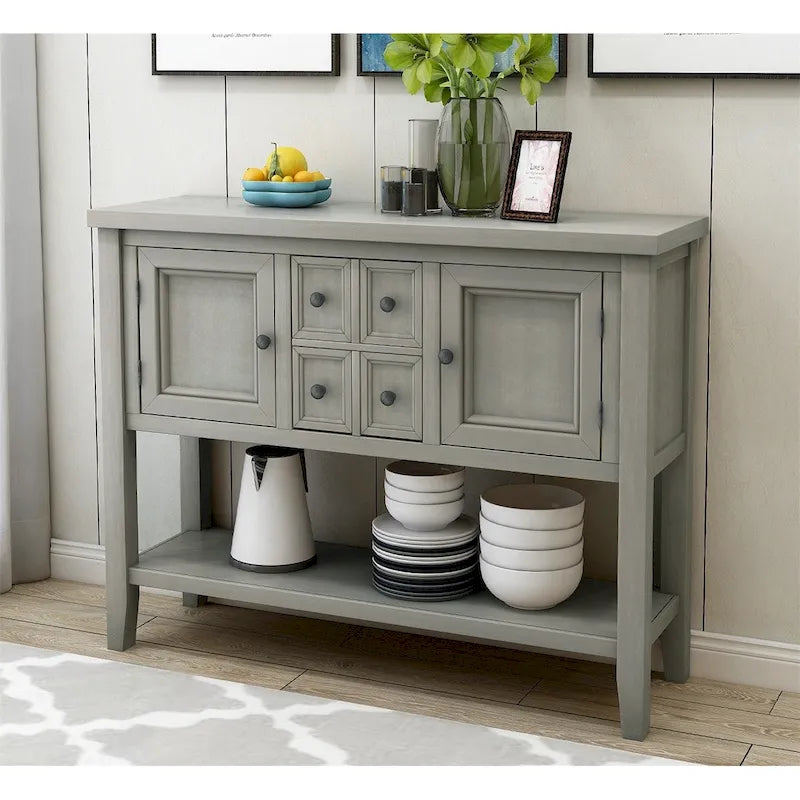 Console, 4 tiroirs, 2 placards, étagère inférieure, pieds fuselés, pin et MDF, bleu rétro / marine / blanc / expresso / gris, 1 personne