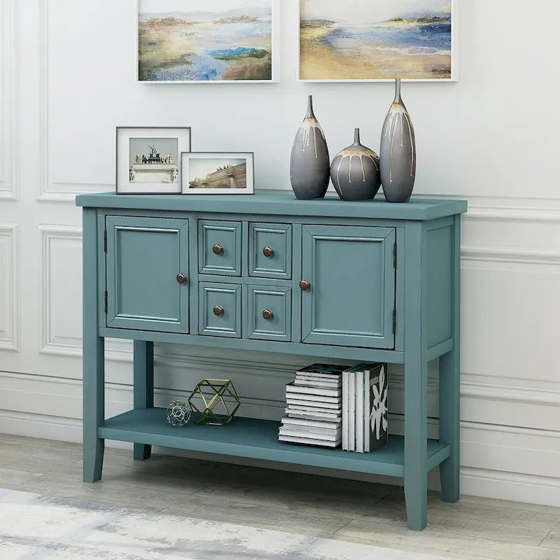 Console, 4 tiroirs, 2 placards, étagère inférieure, pieds fuselés, pin et MDF, bleu rétro / marine / blanc / expresso / gris, 1 personne