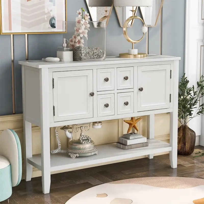 Console, 4 tiroirs, 2 placards, étagère inférieure, pieds fuselés, pin et MDF, bleu rétro / marine / blanc / expresso / gris, 1 personne
