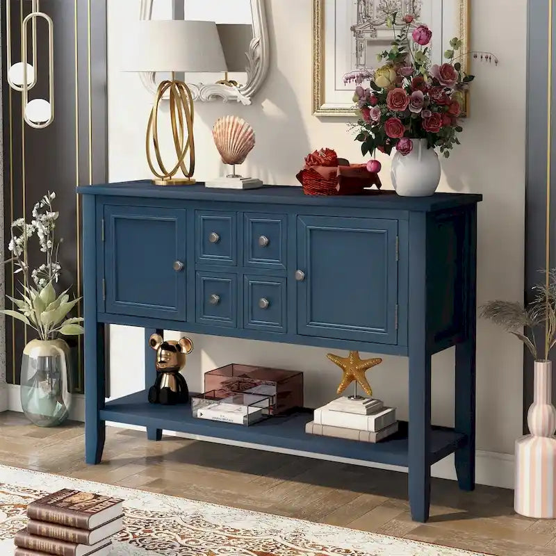 Console, 4 tiroirs, 2 placards, étagère inférieure, pieds fuselés, pin et MDF, bleu rétro / marine / blanc / expresso / gris, 1 personne
