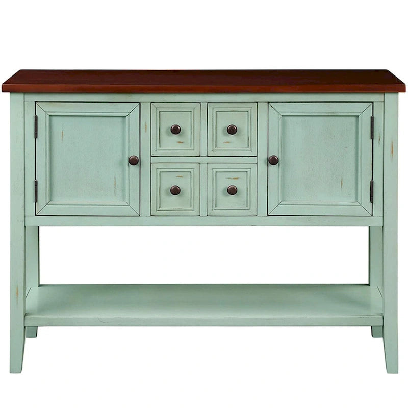 Console, 4 tiroirs, 2 placards, étagère inférieure, pieds fuselés, pin et MDF, bleu rétro / marine / blanc / expresso / gris, 1 personne