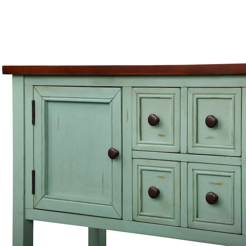 Console, 4 tiroirs, 2 placards, étagère inférieure, pieds fuselés, pin et MDF, bleu rétro / marine / blanc / expresso / gris, 1 personne