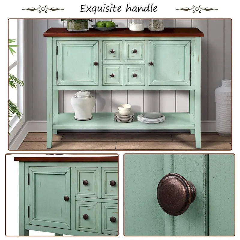 Console, 4 tiroirs, 2 placards, étagère inférieure, pieds fuselés, pin et MDF, bleu rétro / marine / blanc / expresso / gris, 1 personne